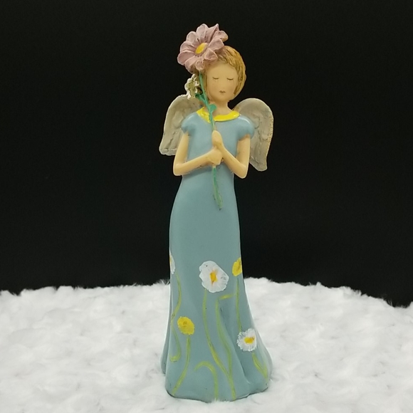 None Other - Angel in Blue Dress with Flowers Holding a Pink Daisy Figurine